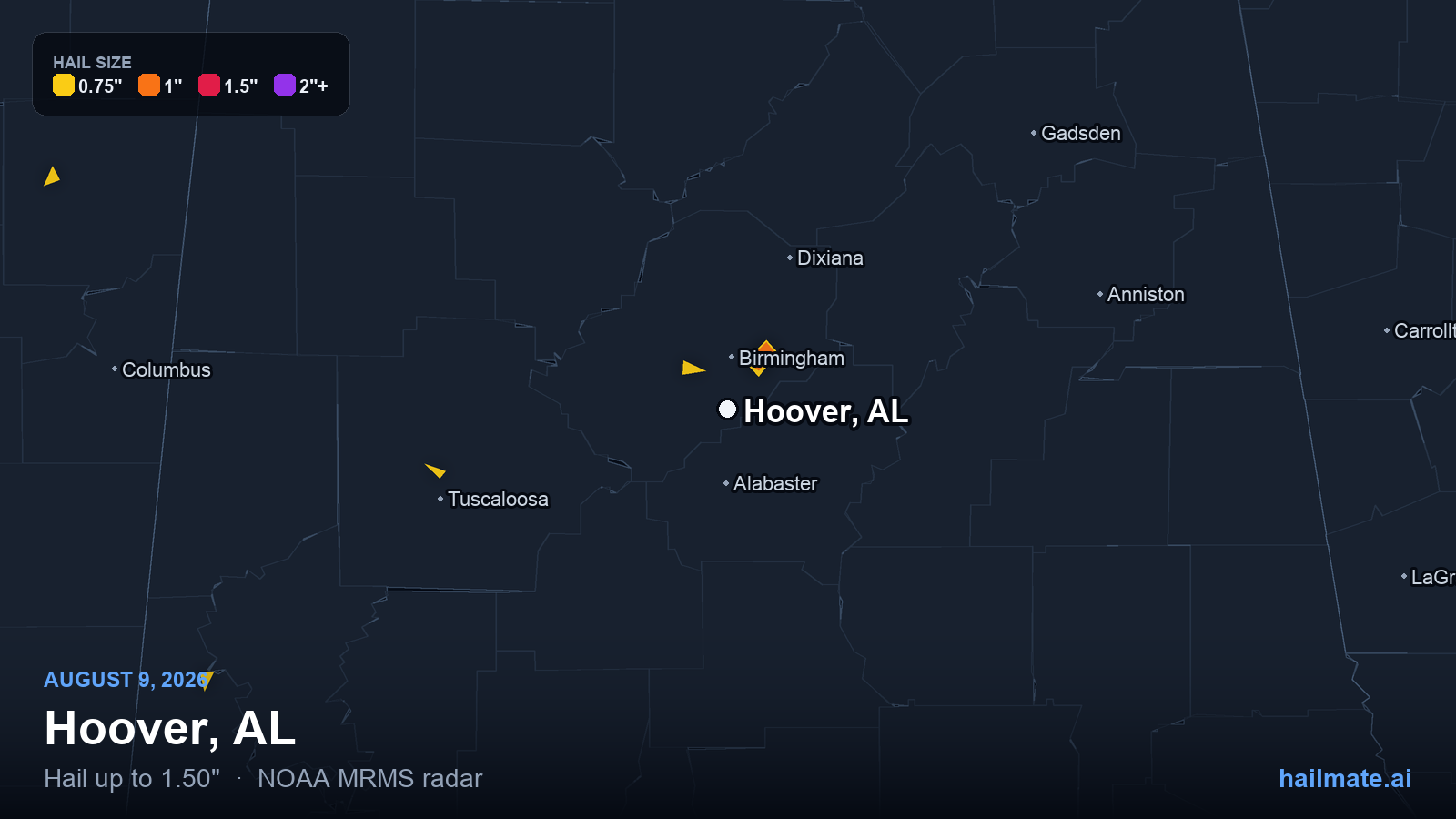 Hail swath map for Hoover, AL on August 9, 2026 showing 1.50 inch hail.