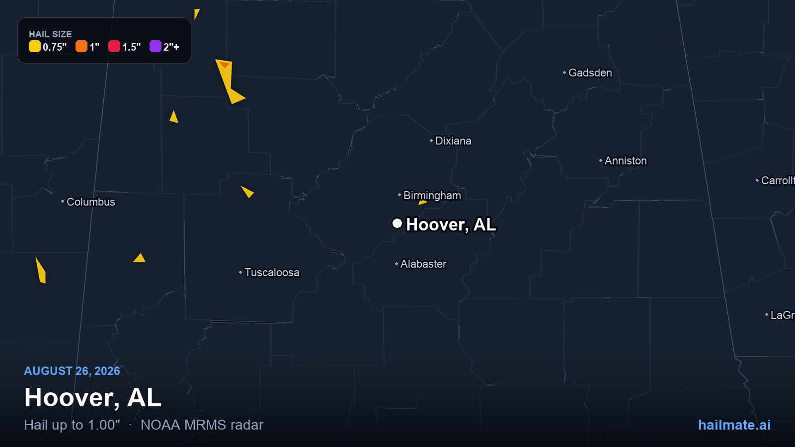 Hail swath map for Hoover, AL on August 26, 2026 showing 1.00 inch hail.