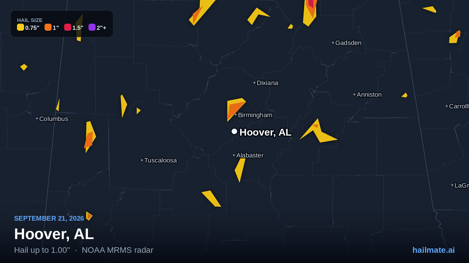 Hail swath map for Hoover, AL on September 21, 2026 showing 1.00 inch hail.