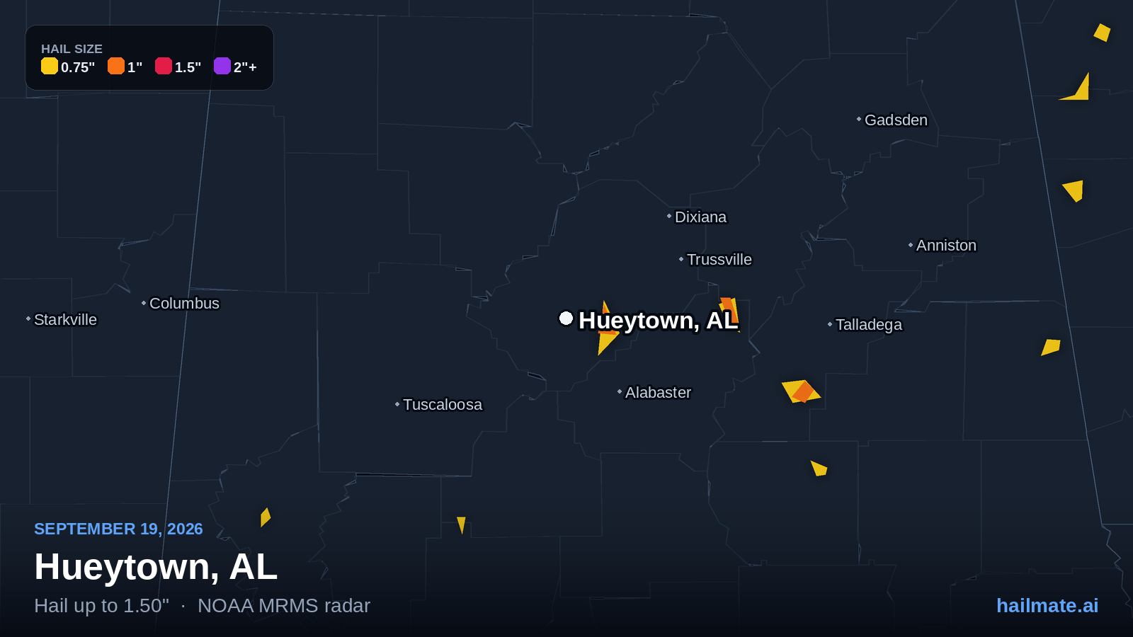 Hail swath map for Hueytown, AL on September 19, 2026 showing 1.50 inch hail.