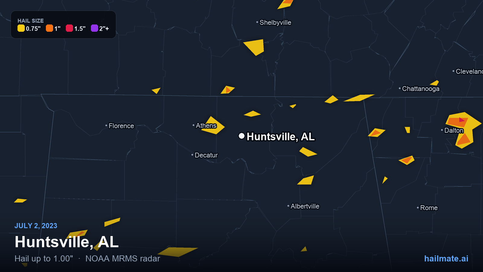 Hail swath map for Huntsville, AL on July 2, 2023 showing 1.00 inch hail.