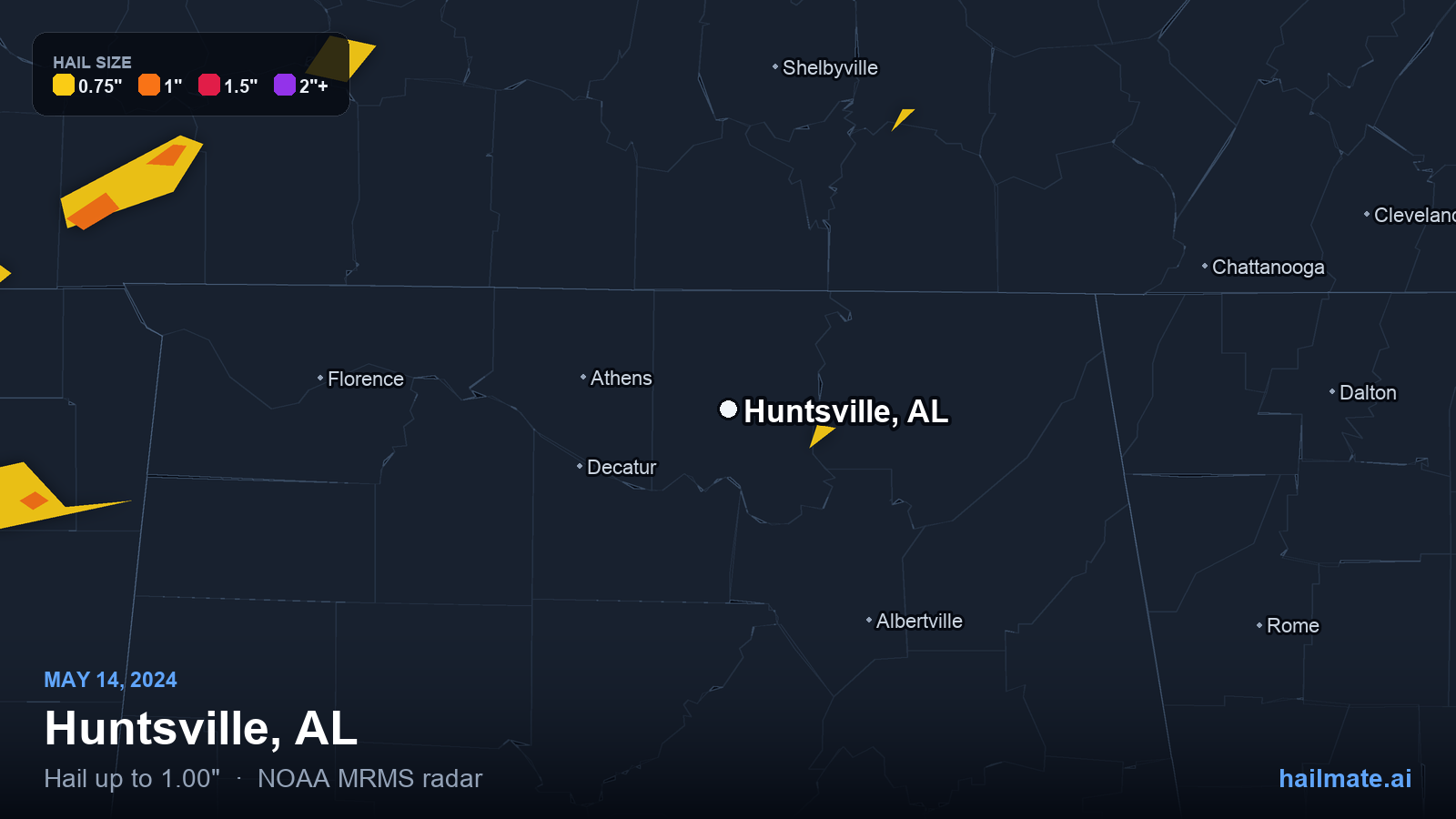 Hail swath map for Huntsville, AL on May 14, 2024 showing 1.00 inch hail.