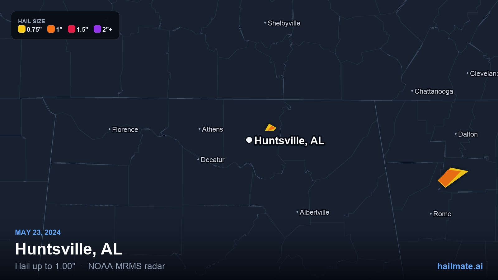 Hail swath map for Huntsville, AL on May 23, 2024 showing 1.00 inch hail.