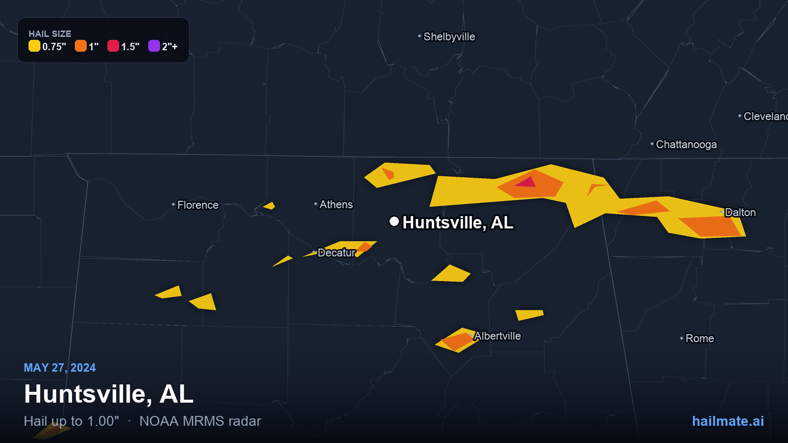 Hail swath map for Huntsville, AL on May 27, 2024 showing 1.00 inch hail.