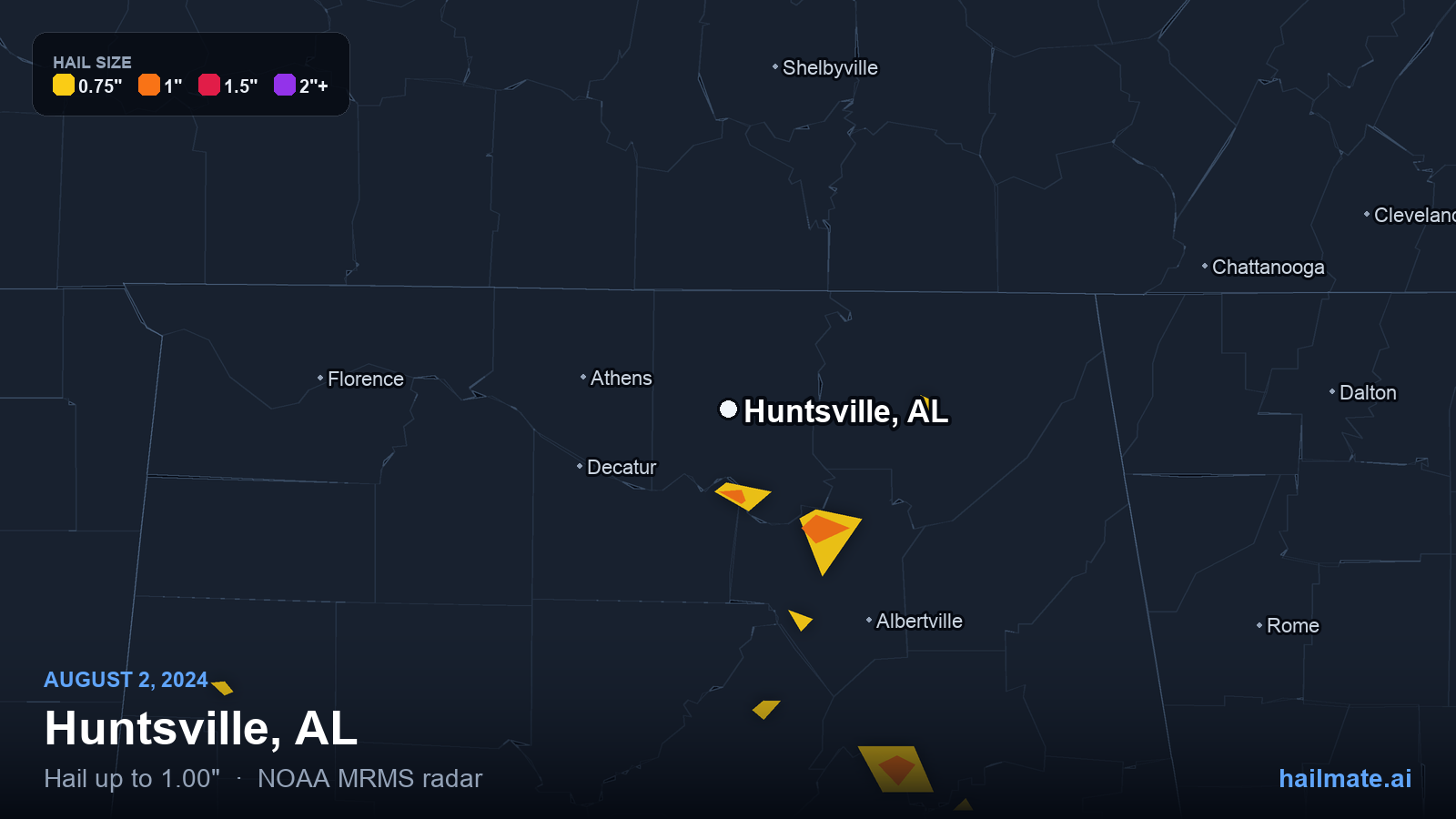 Hail swath map for Huntsville, AL on August 2, 2024 showing 1.00 inch hail.