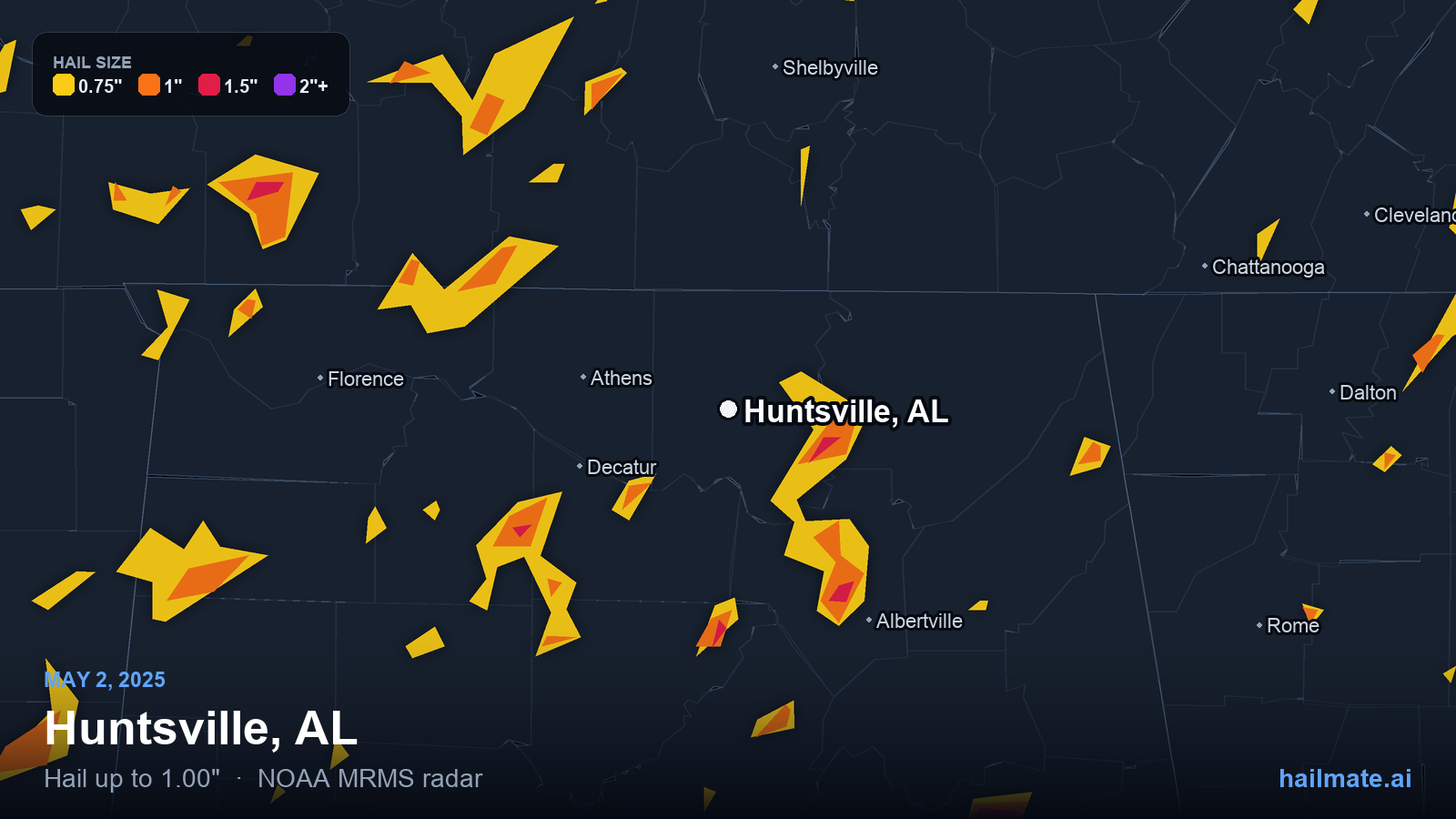 Hail swath map for Huntsville, AL on May 2, 2025 showing 1.00 inch hail.