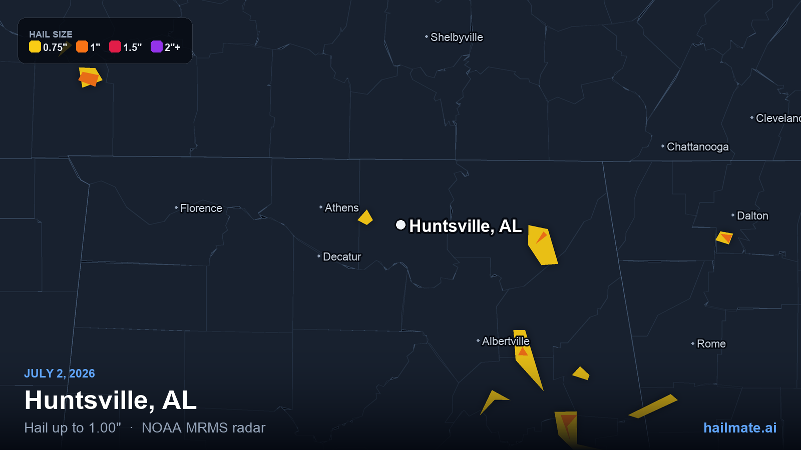 Hail swath map for Huntsville, AL on July 2, 2026 showing 1.00 inch hail.