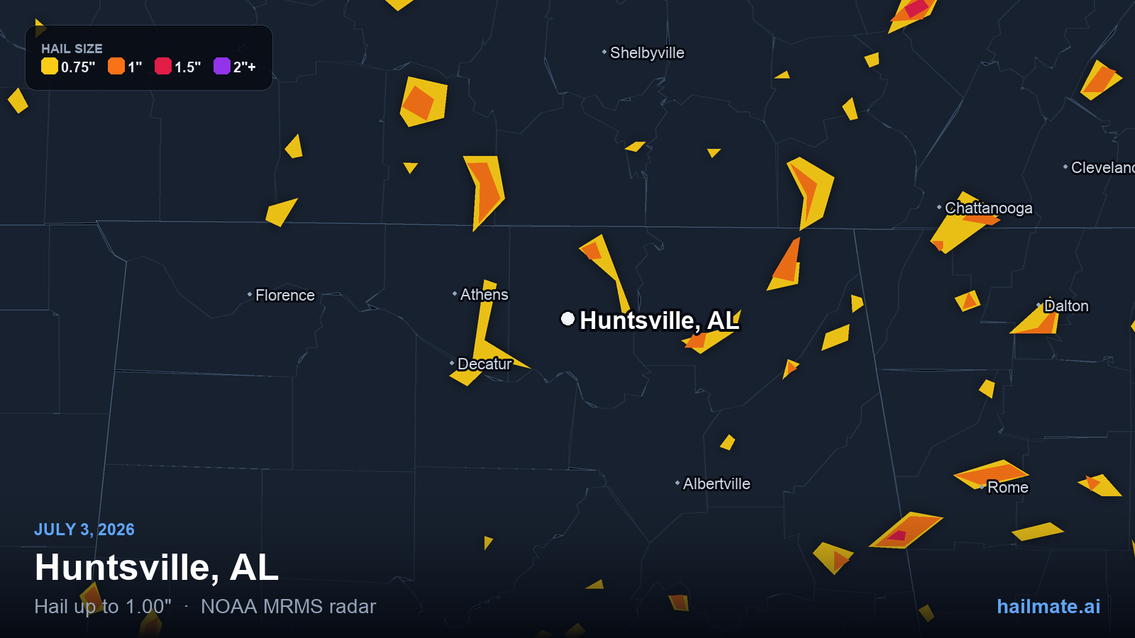 Hail swath map for Huntsville, AL on July 3, 2026 showing 1.00 inch hail.