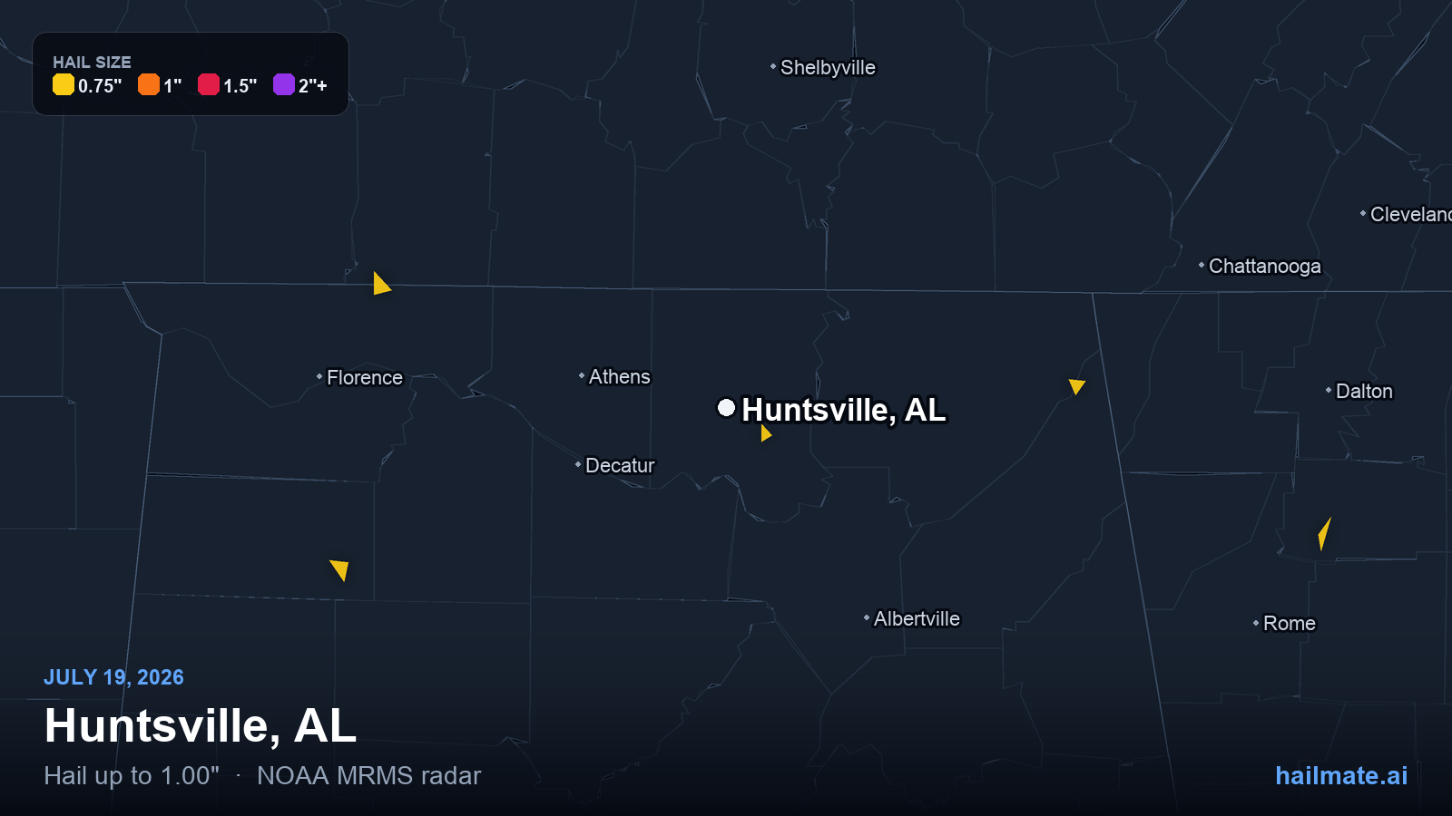 Hail swath map for Huntsville, AL on July 19, 2026 showing 1.00 inch hail.