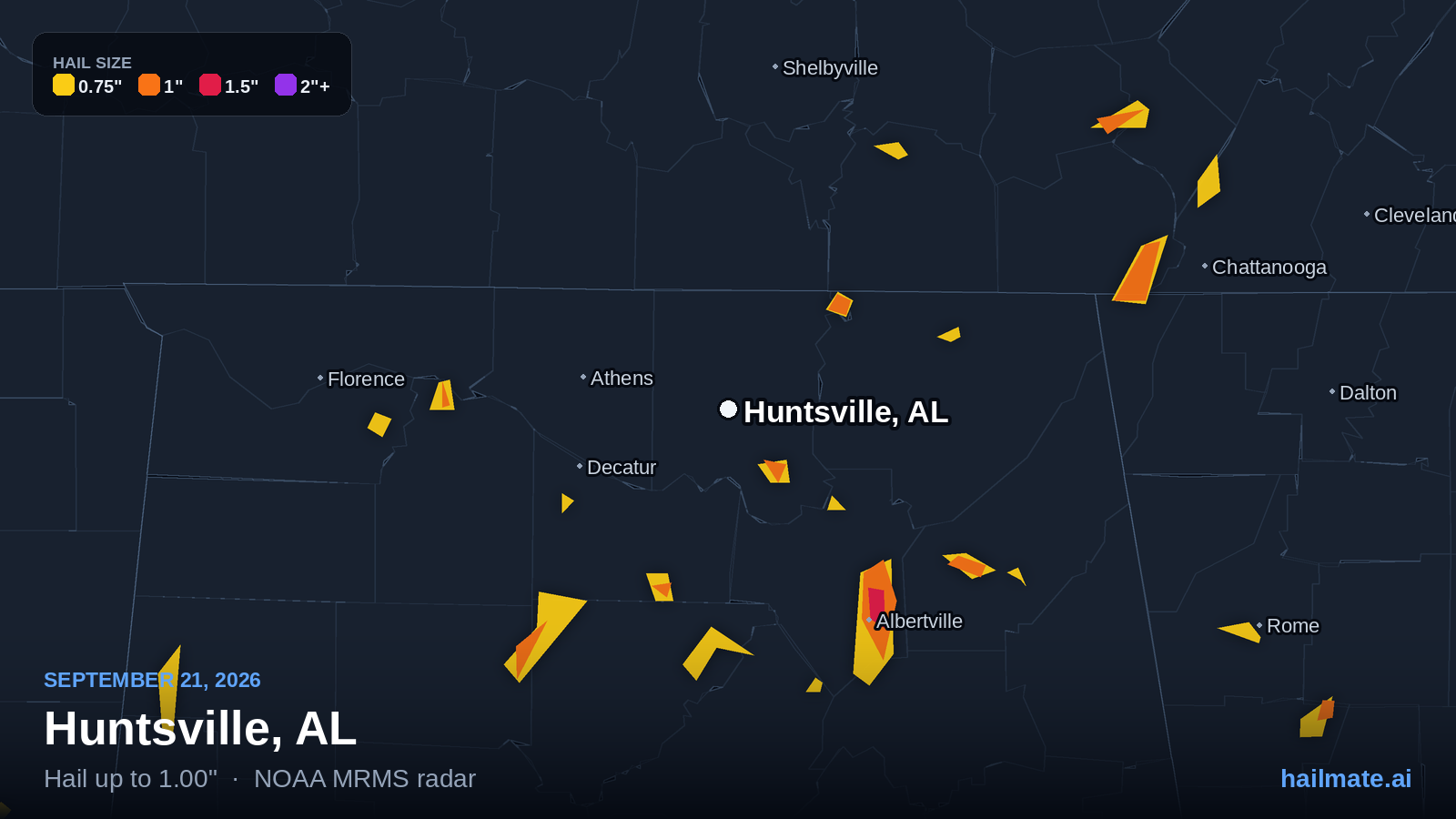 Hail swath map for Huntsville, AL on September 21, 2026 showing 1.00 inch hail.
