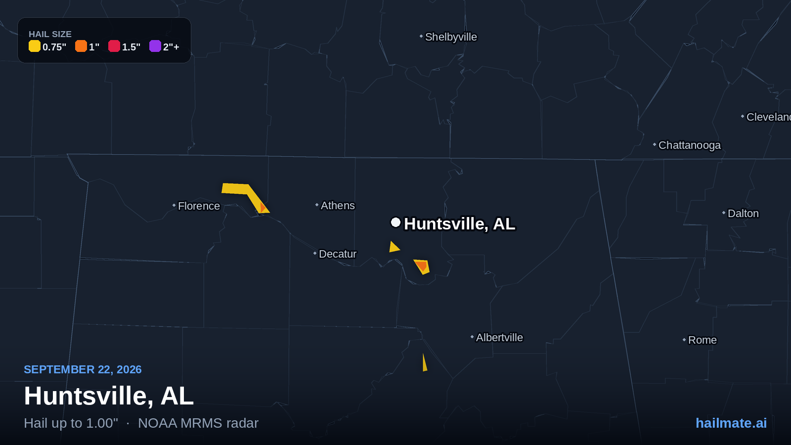 Hail swath map showing 1.00 inch hail over Huntsville, Alabama on September 22, 2026.