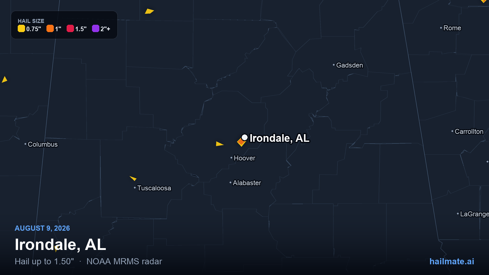 Hail swath map for Irondale, AL on August 9, 2026 showing 1.50 inch hail.