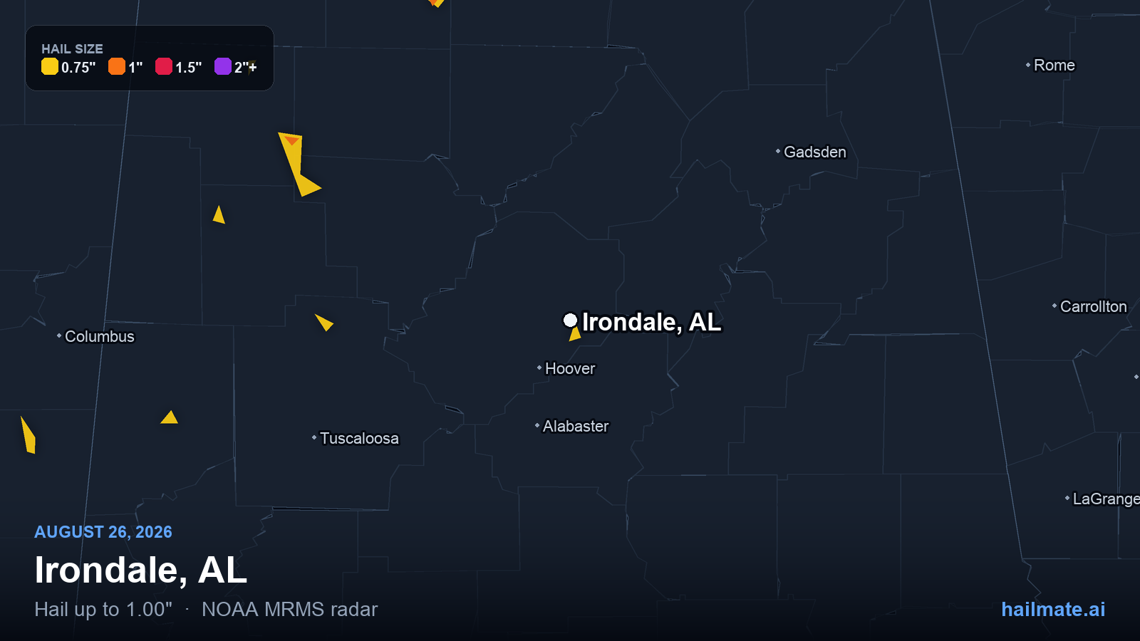 Hail swath map for Irondale, AL on August 26, 2026 showing 1.00 inch hail.