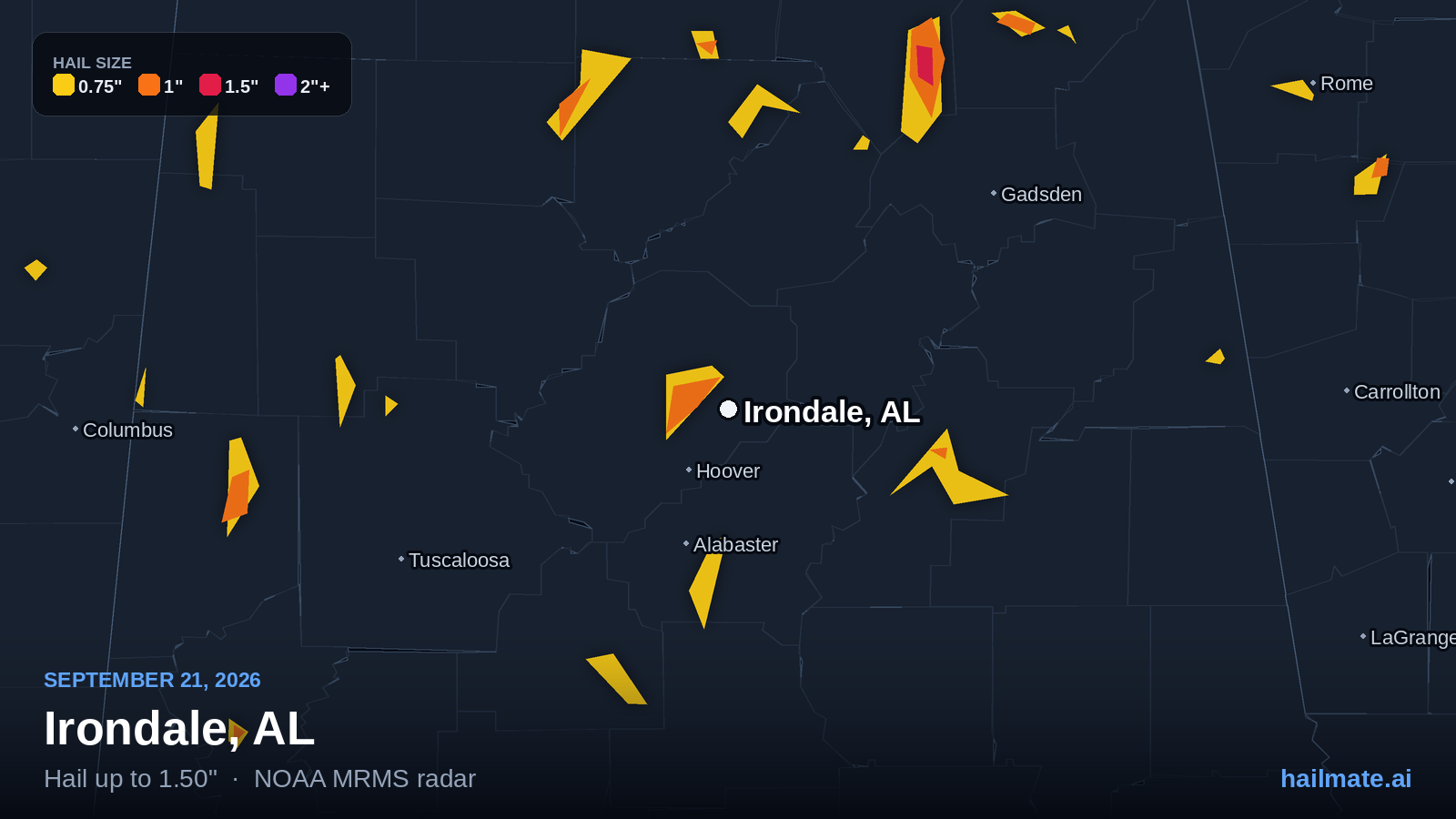 Hail swath map for Irondale, AL on September 21, 2026 showing 1.50 inch hail.