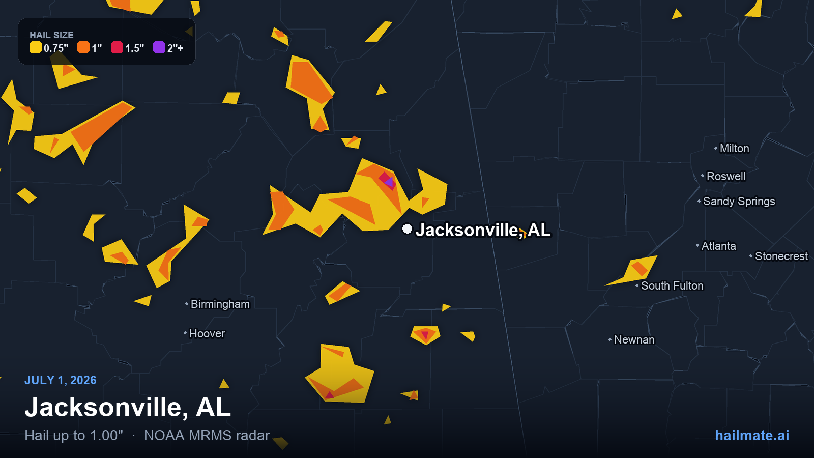 Hail swath map for Jacksonville, AL on July 1, 2026 showing 1.00 inch hail.