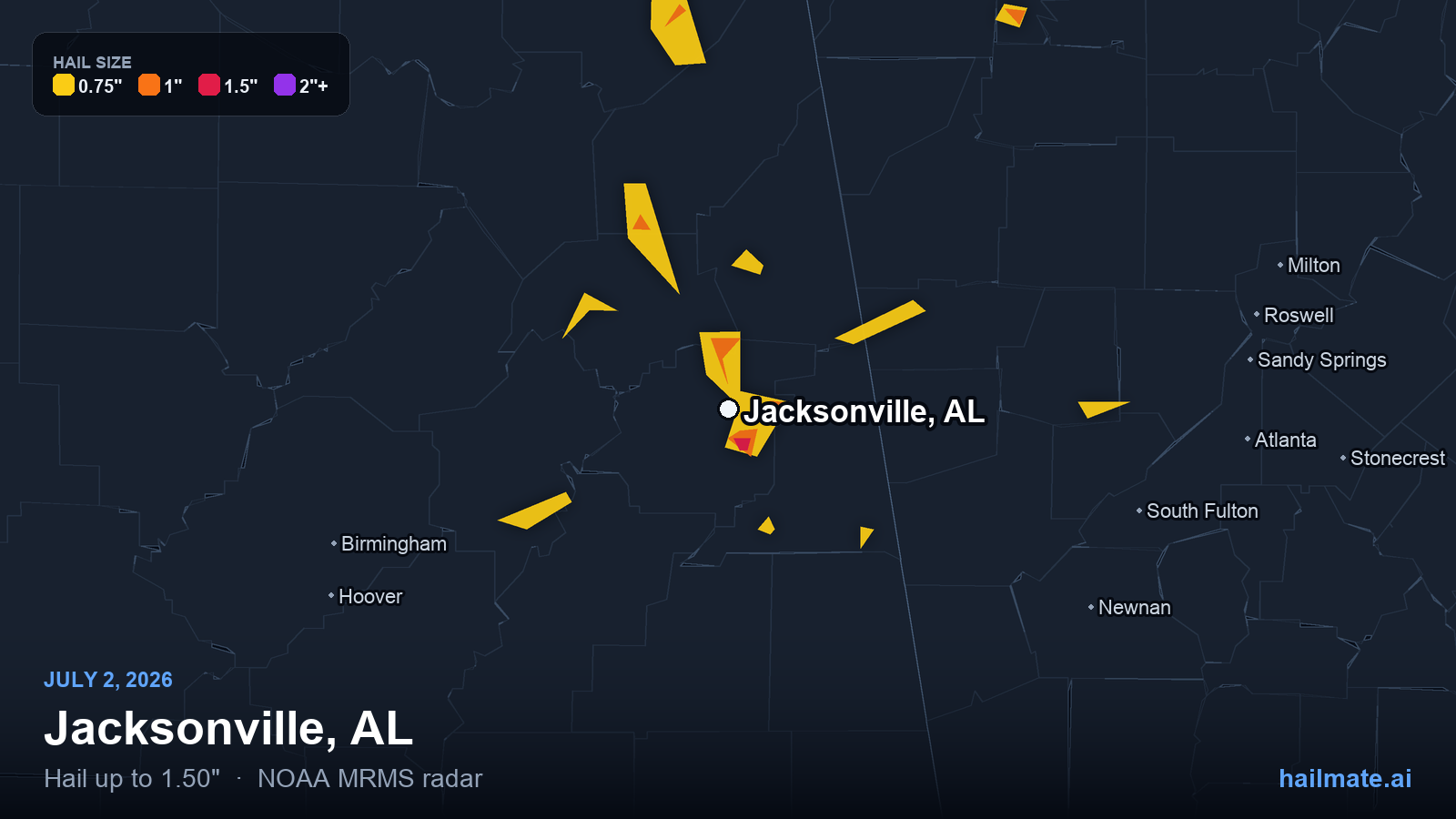 Hail swath map for Jacksonville, AL on July 2, 2026 showing 1.50 inch hail.