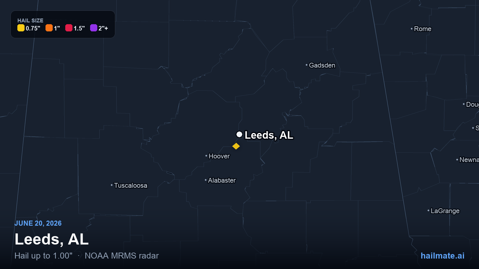 Hail swath map for Leeds, AL on June 20, 2026 showing 1.00 inch hail.