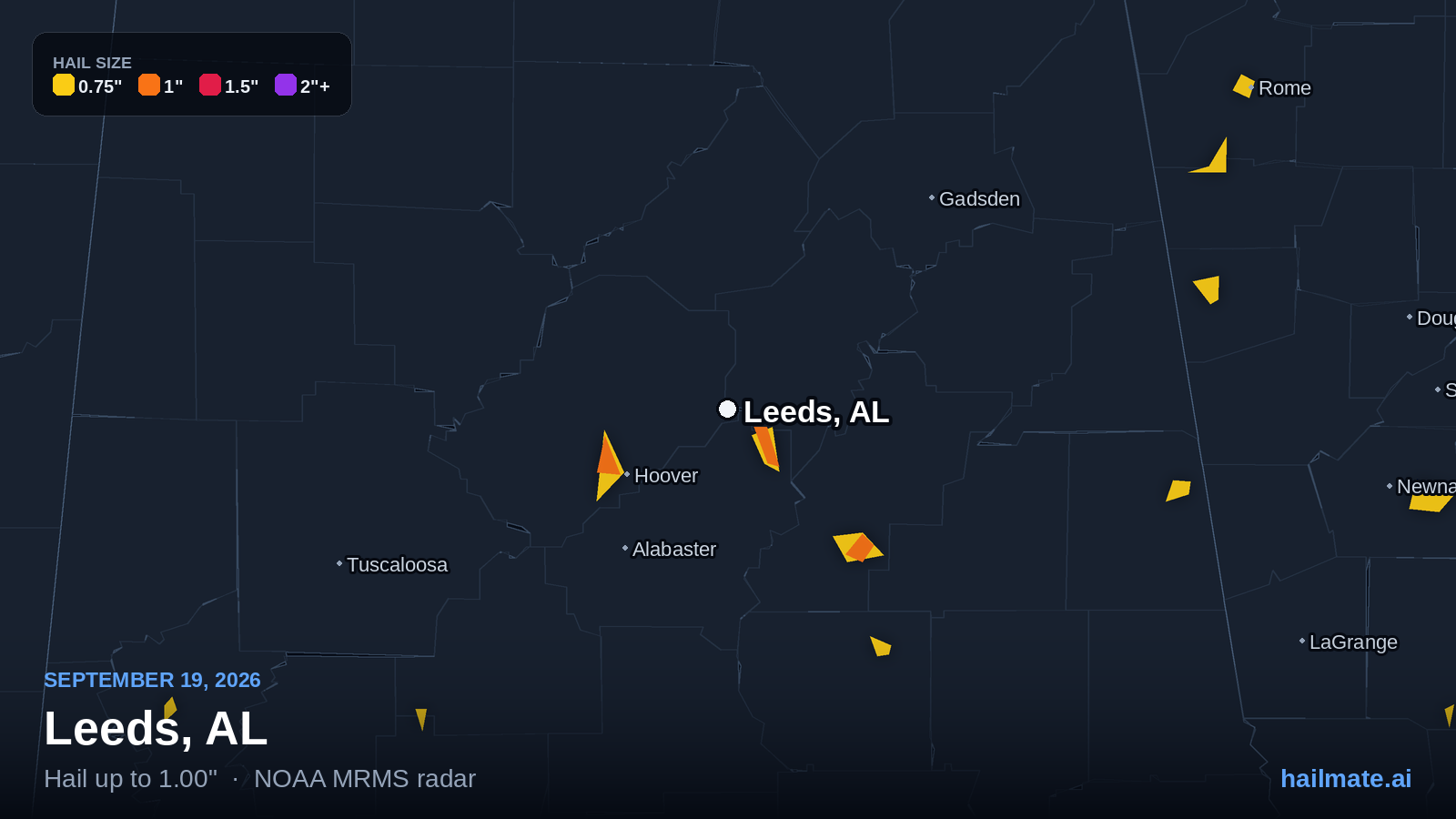 Hail swath map for Leeds, AL on September 19, 2026 showing 1.00 inch hail.