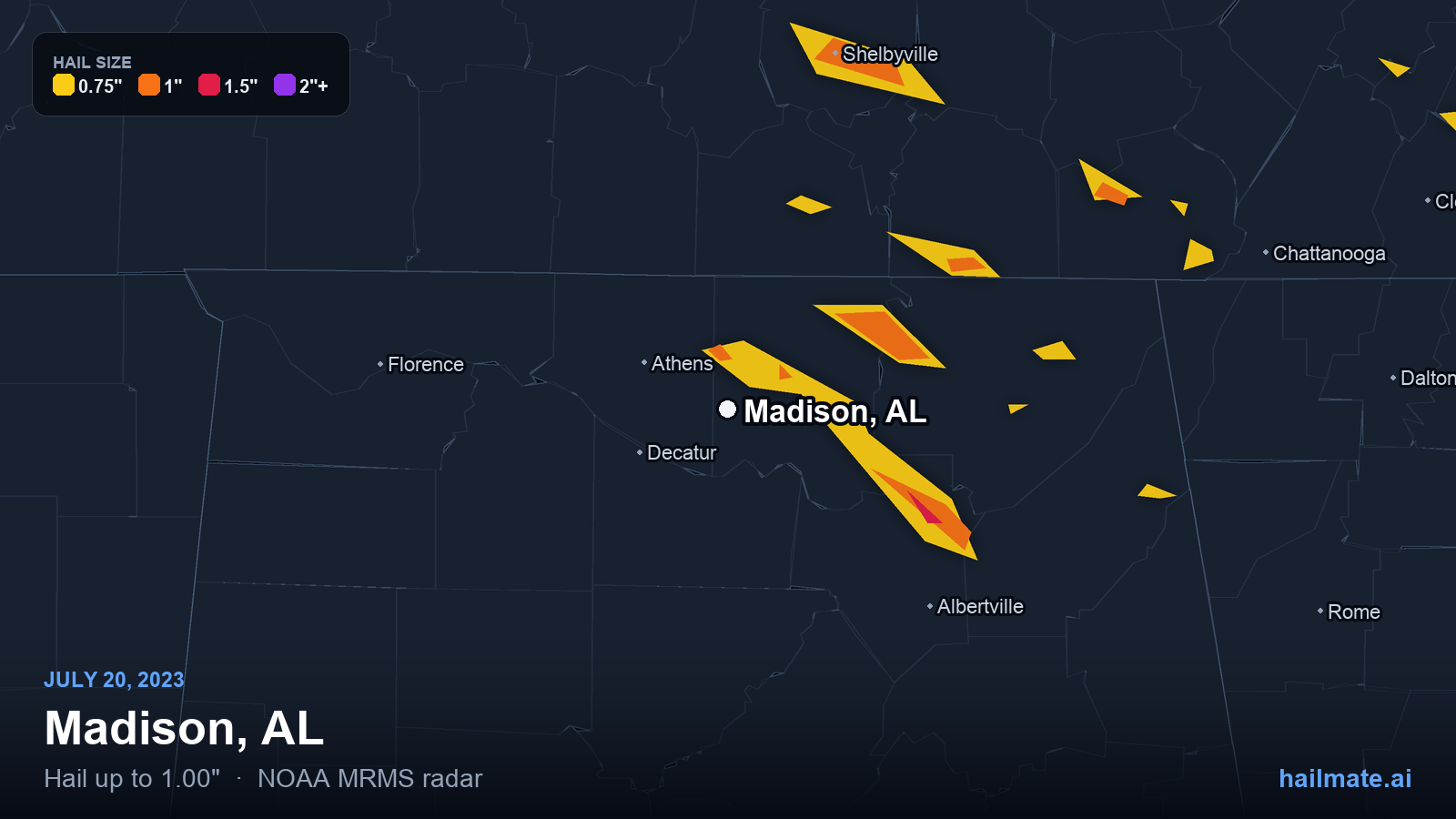 Hail swath map for Madison, AL on July 20, 2023 showing 1.00 inch hail.