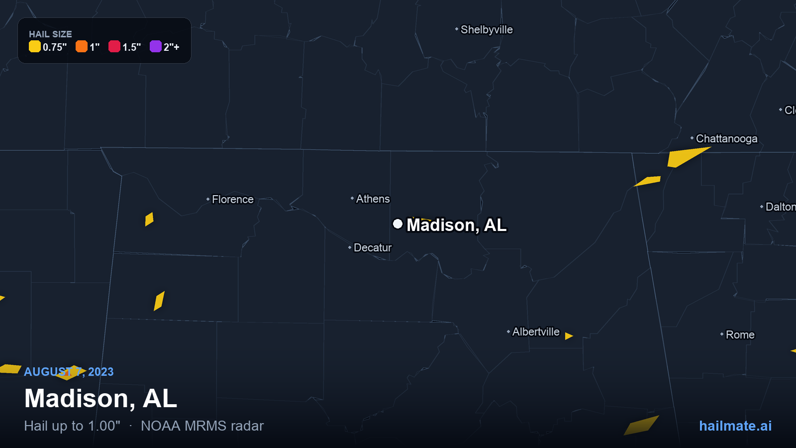 Hail swath map for Madison, AL on August 7, 2023 showing 1.00 inch hail.