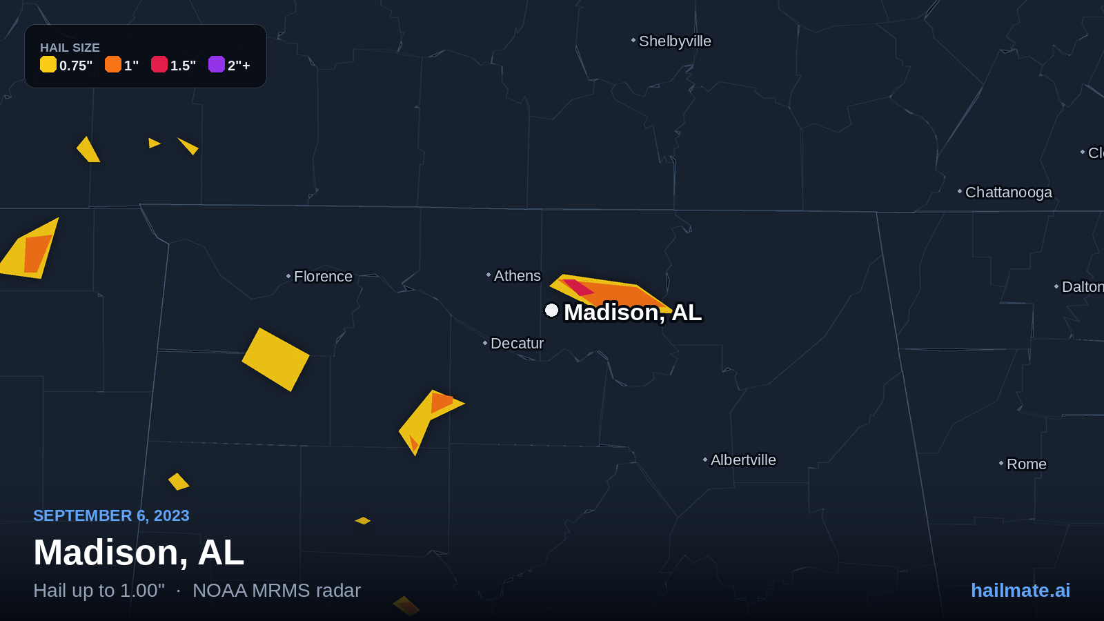 Hail swath map for Madison, AL on September 6, 2023 showing 1.00 inch hail.