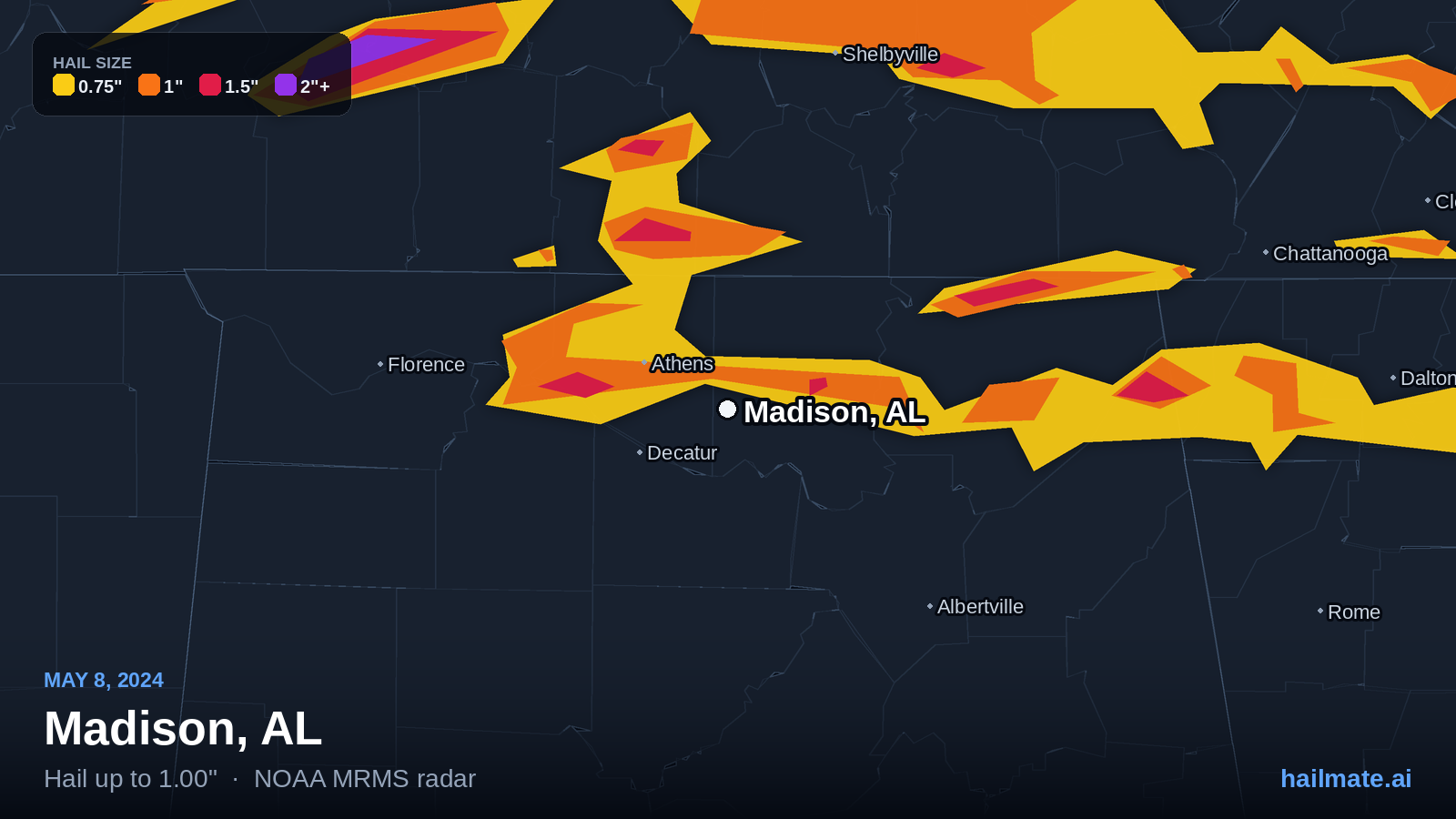 Hail swath map for Madison, AL on May 8, 2024 showing 1.00 inch hail.