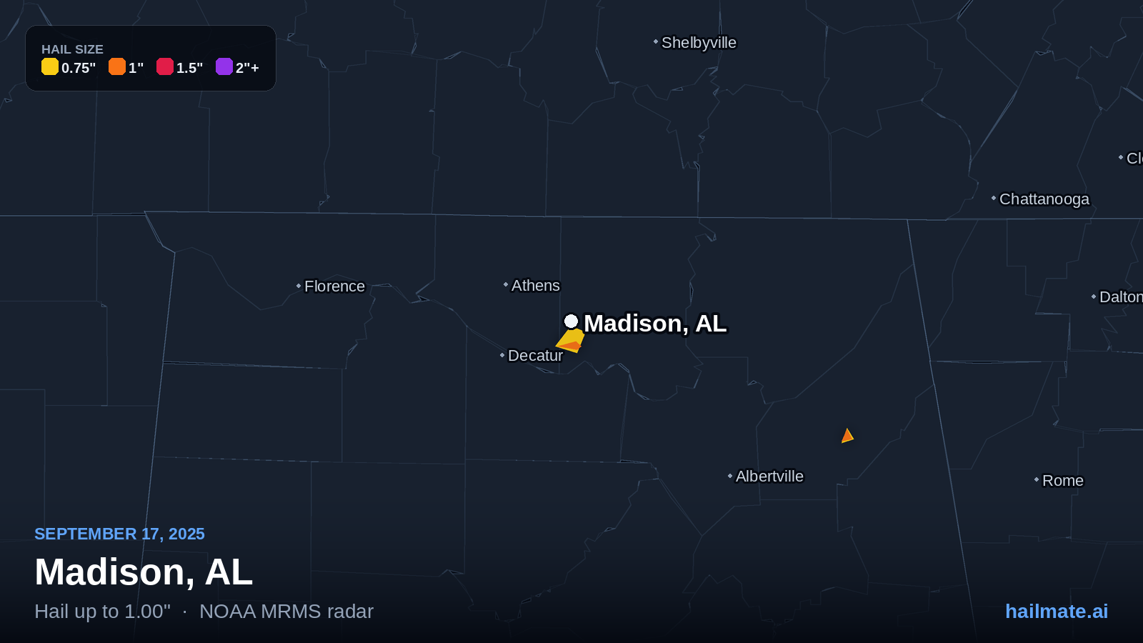 Hail swath map for Madison, AL on September 17, 2025 showing 1.00 inch hail.