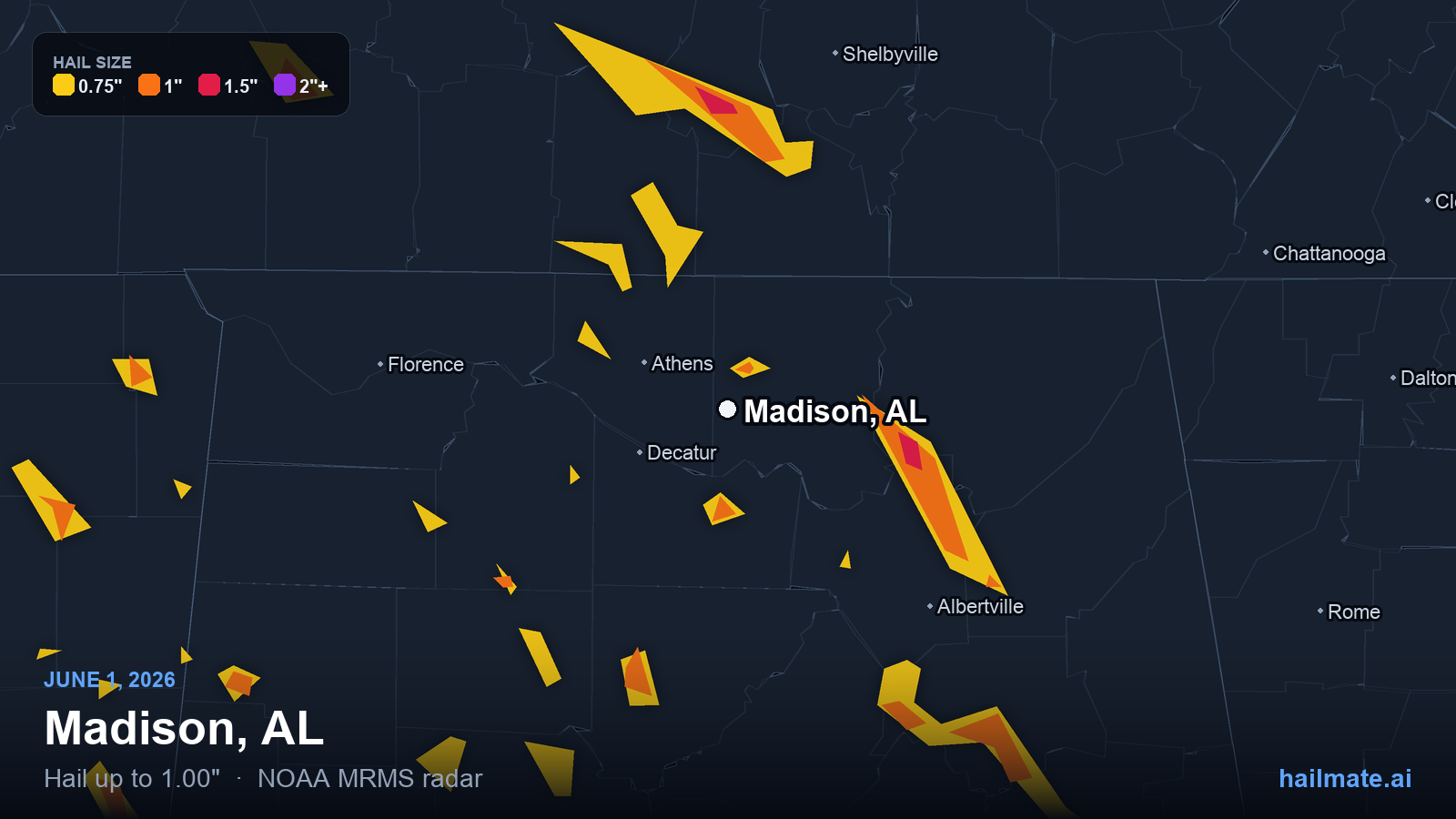 Hail swath map for Madison, AL on June 1, 2026 showing 1.00 inch hail.