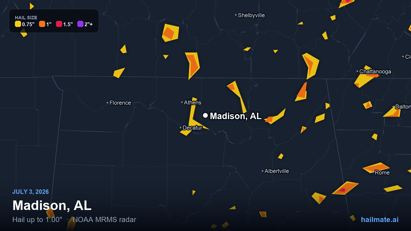 Hail swath map for Madison, AL on July 3, 2026 showing 1.00 inch hail.