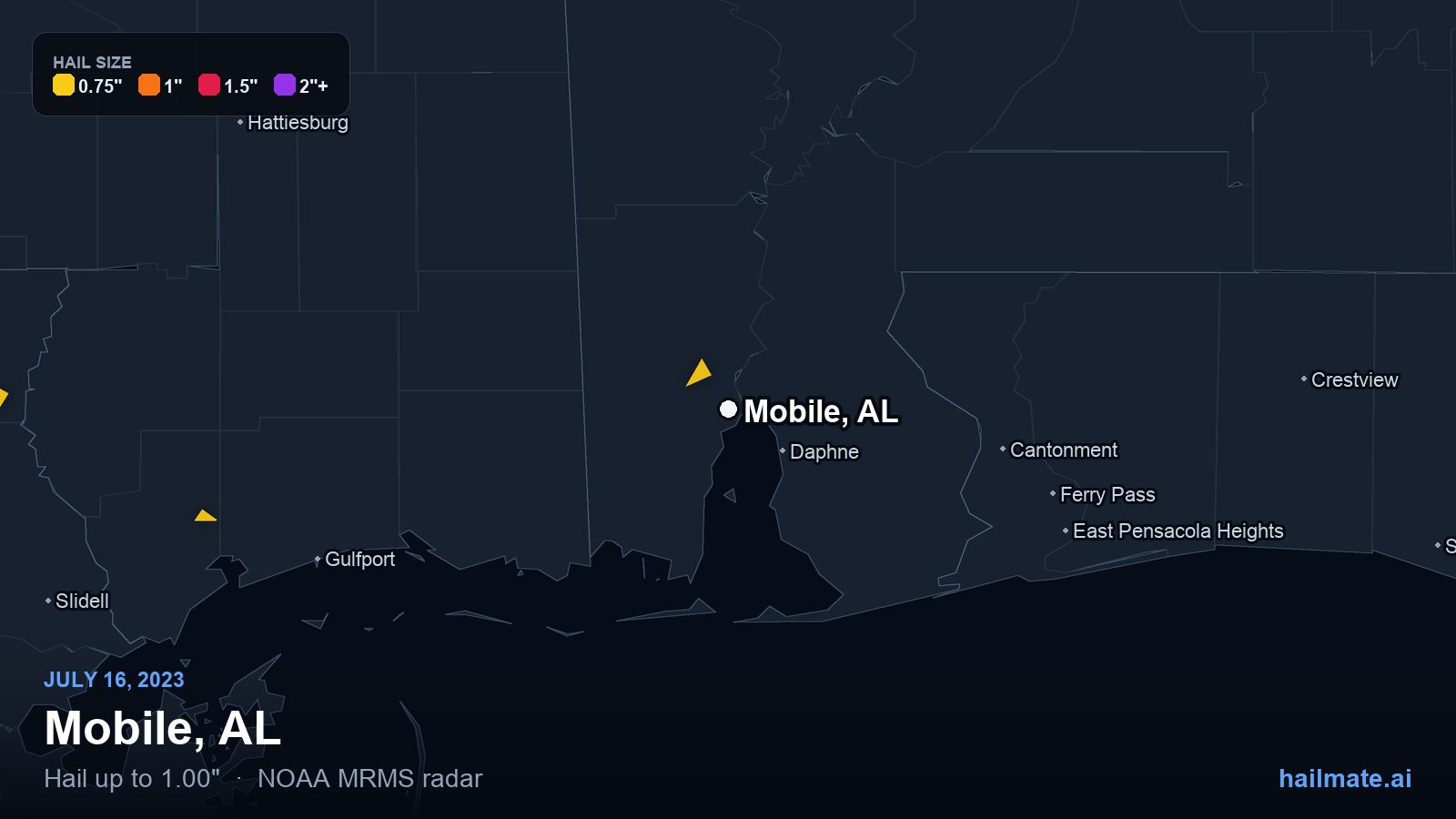 Hail swath map for Mobile, AL on July 16, 2023 showing 1.00 inch hail.