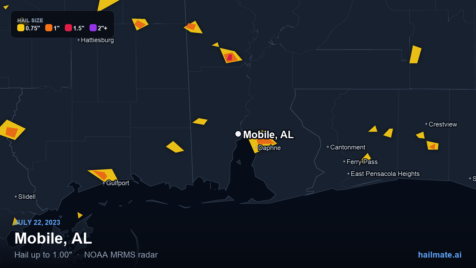 Hail swath map for Mobile, AL on July 22, 2023 showing 1.00 inch hail.