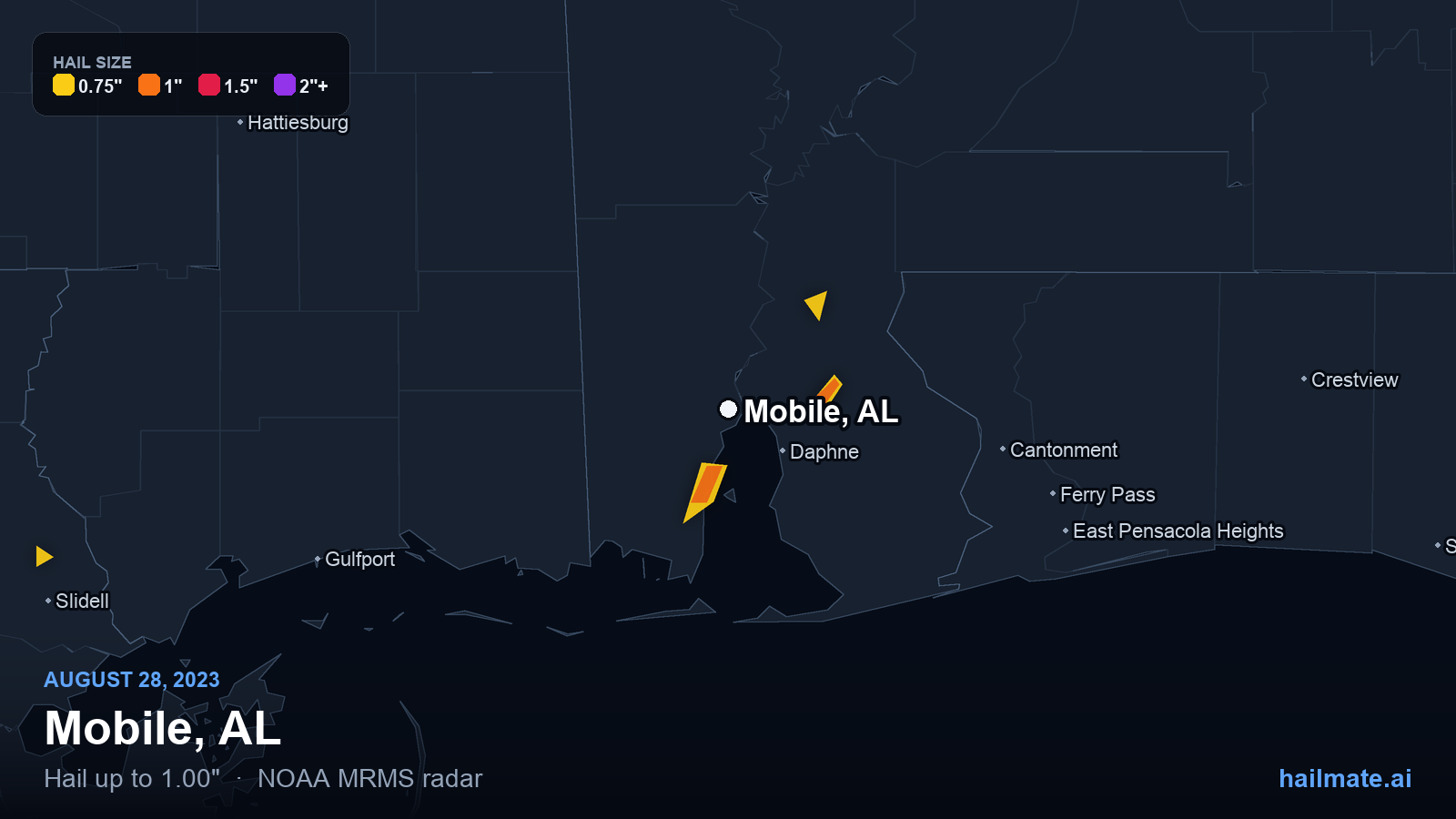 Hail swath map for Mobile, AL on August 28, 2023 showing 1.00 inch hail.