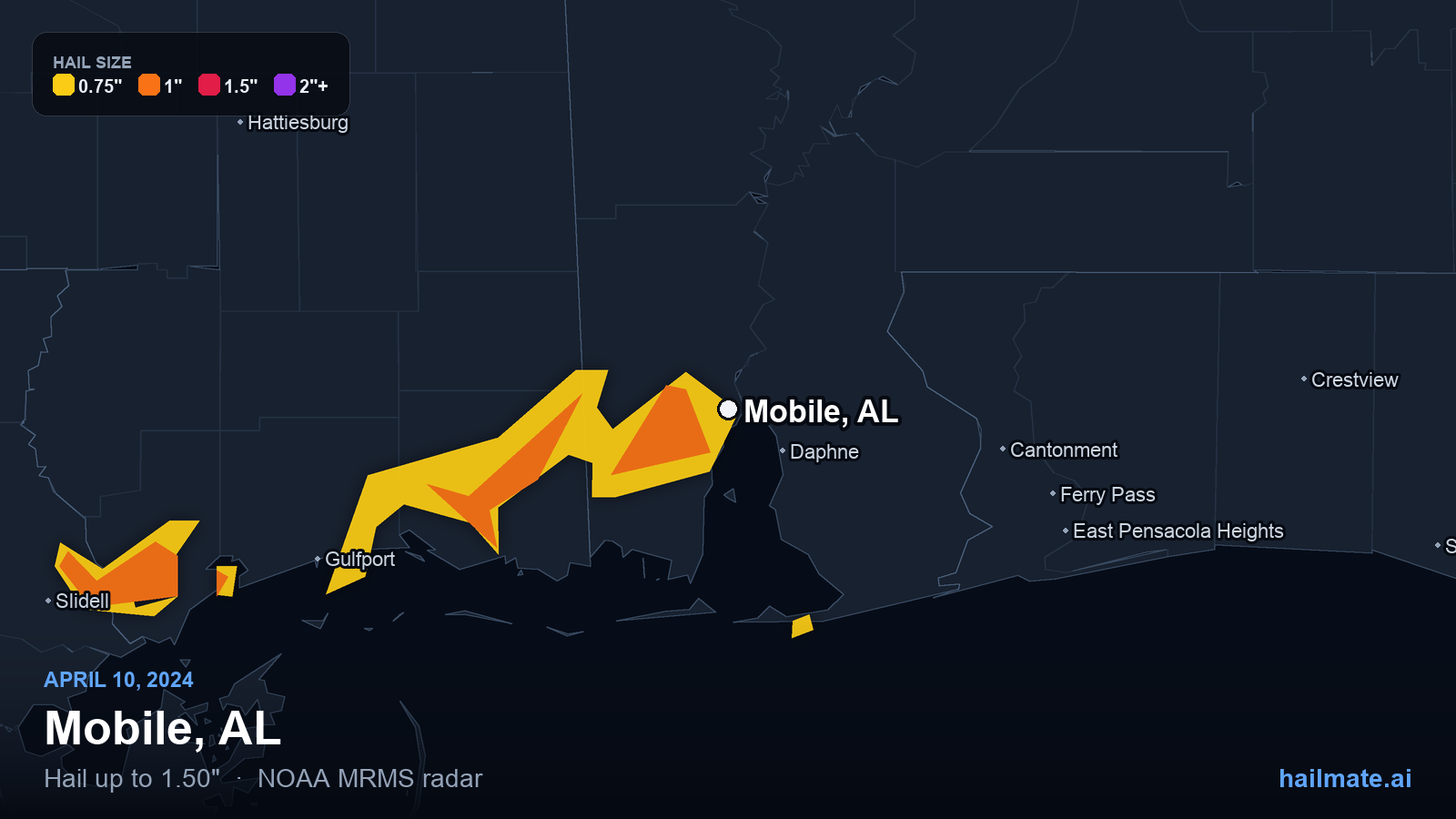 Hail swath map for Mobile, AL on April 10, 2024 showing 1.50 inch hail.