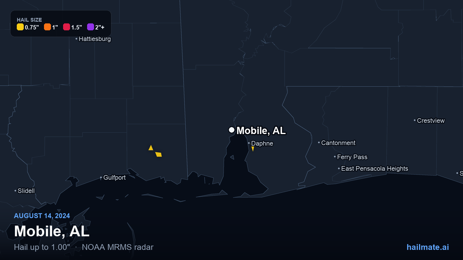 Hail swath map for Mobile, AL on August 14, 2024 showing 1.00 inch hail.