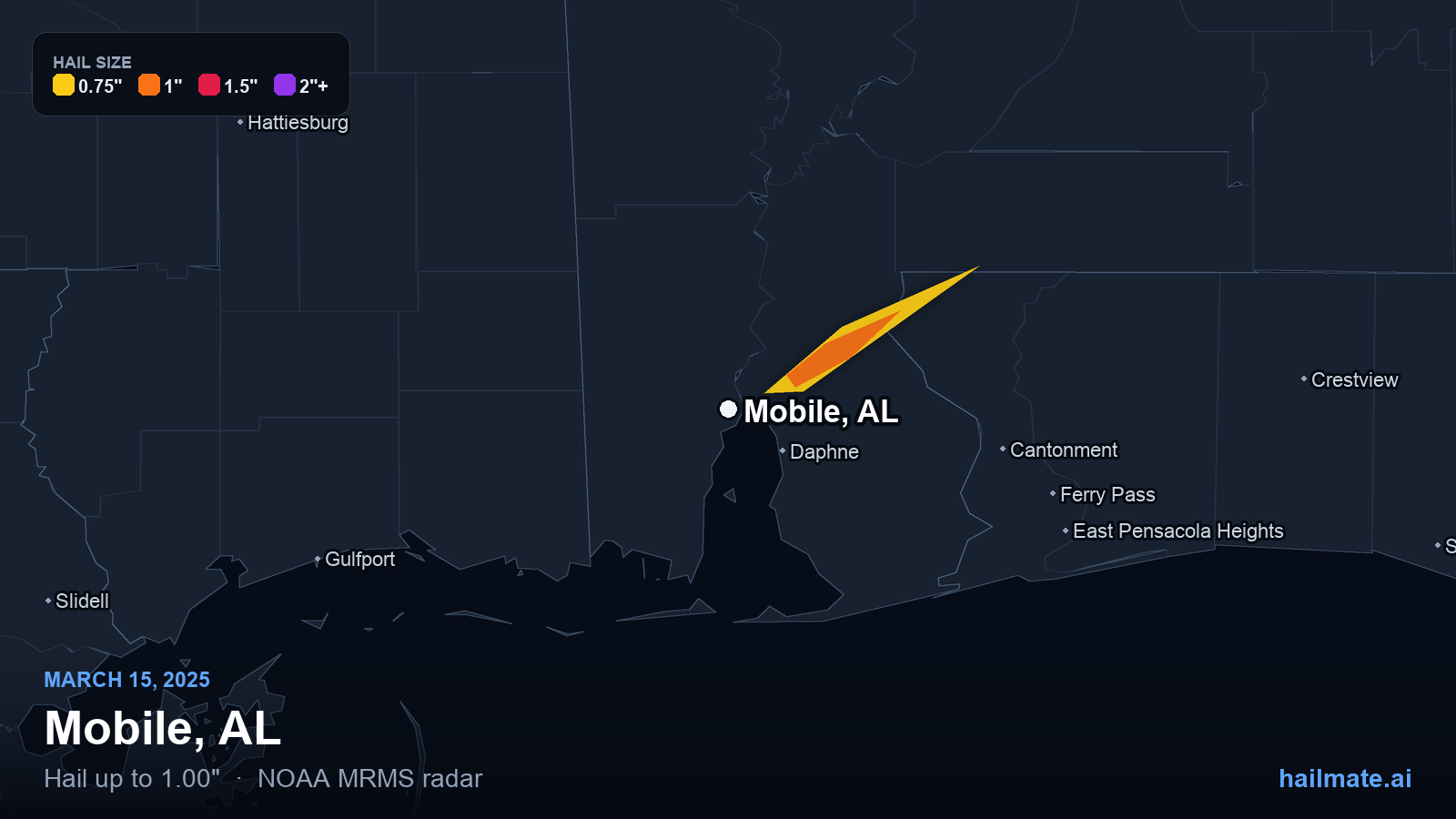 Hail swath map for Mobile, AL on March 15, 2025 showing 1.00 inch hail.