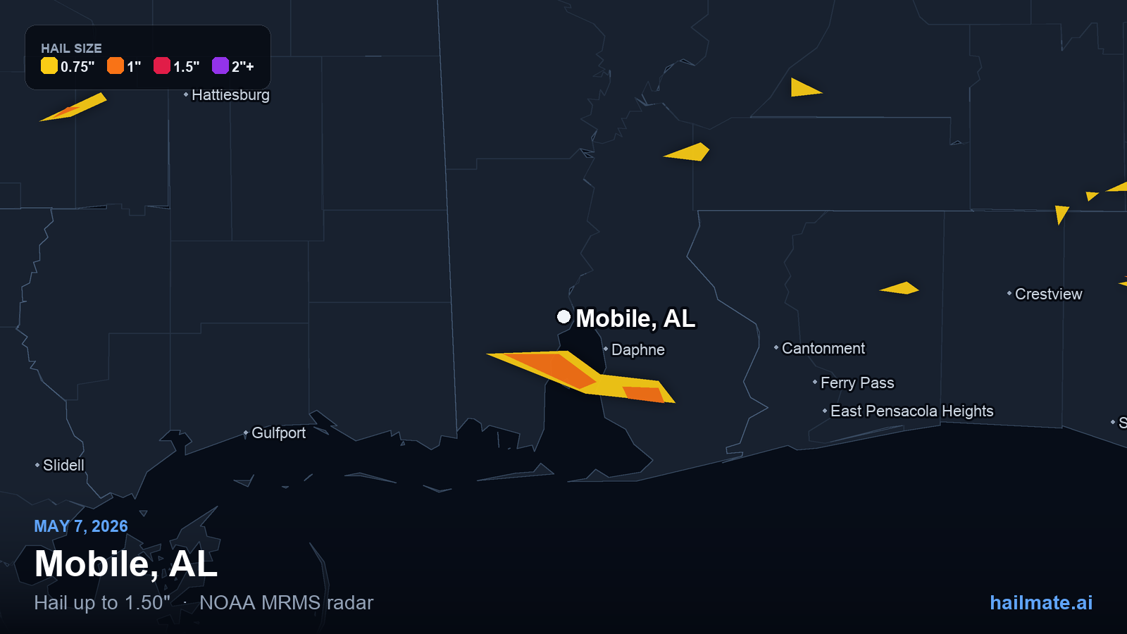 Hail swath map for Mobile, AL on May 7, 2026 showing 1.50 inch hail.