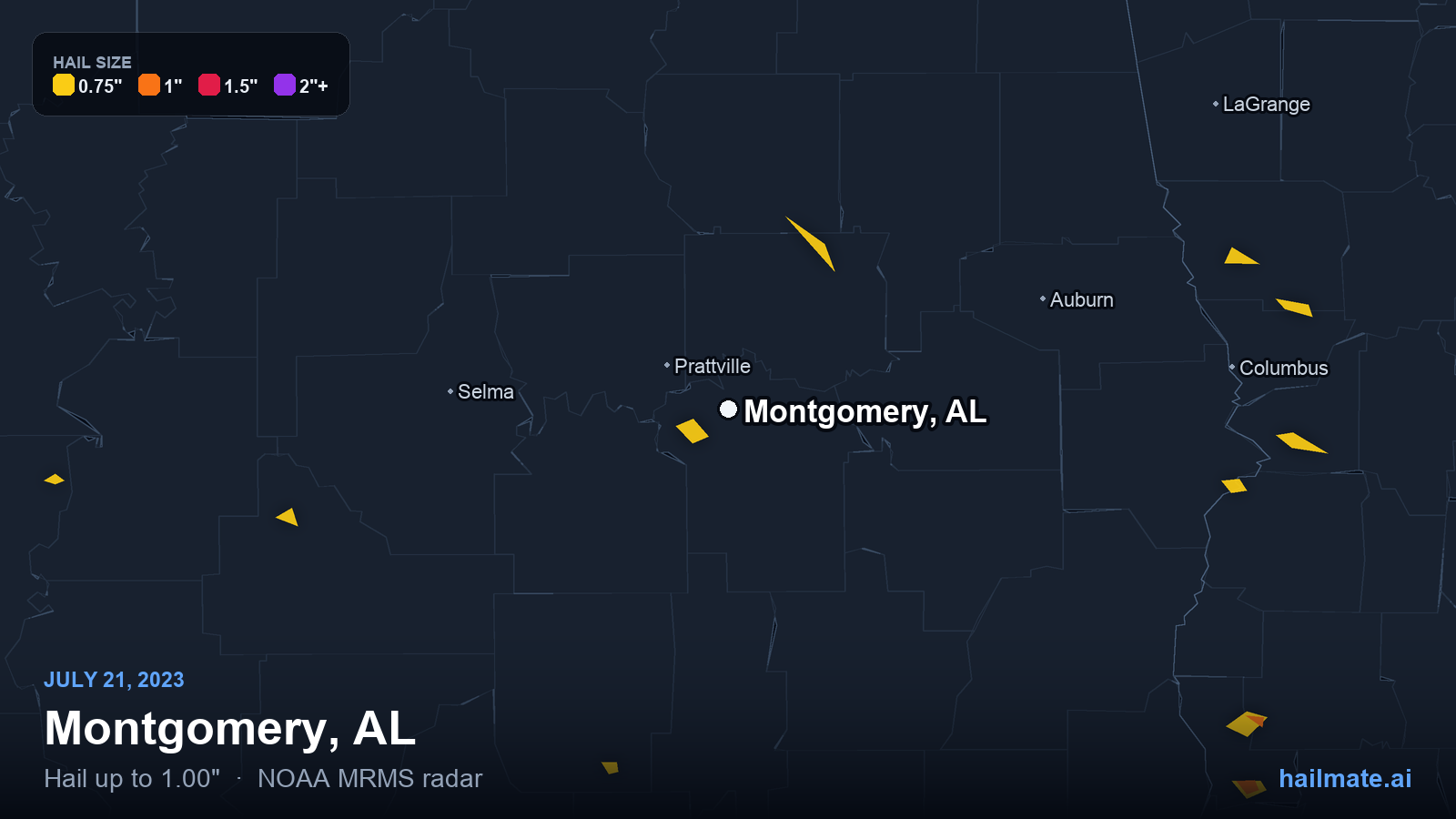 Hail swath map for Montgomery, AL on July 21, 2023 showing 1.00 inch hail.