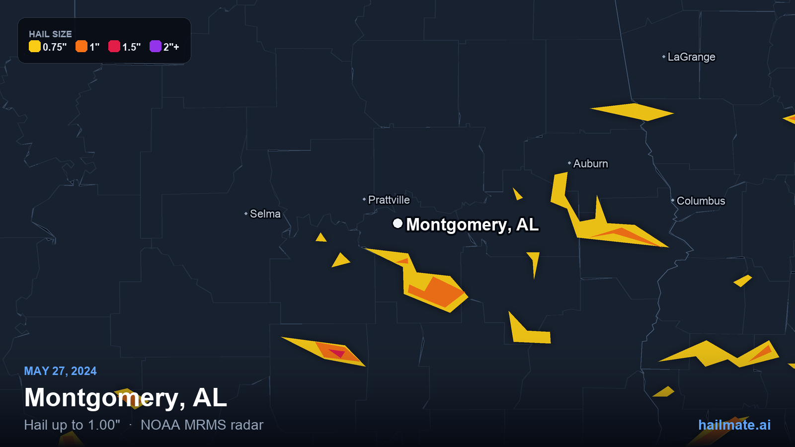 Hail swath map for Montgomery, AL on May 27, 2024 showing 1.00 inch hail.