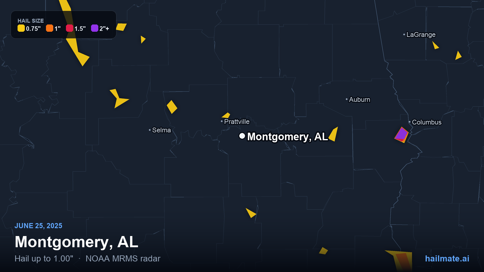 Hail swath map for Montgomery, AL on June 25, 2025 showing 1.00 inch hail.