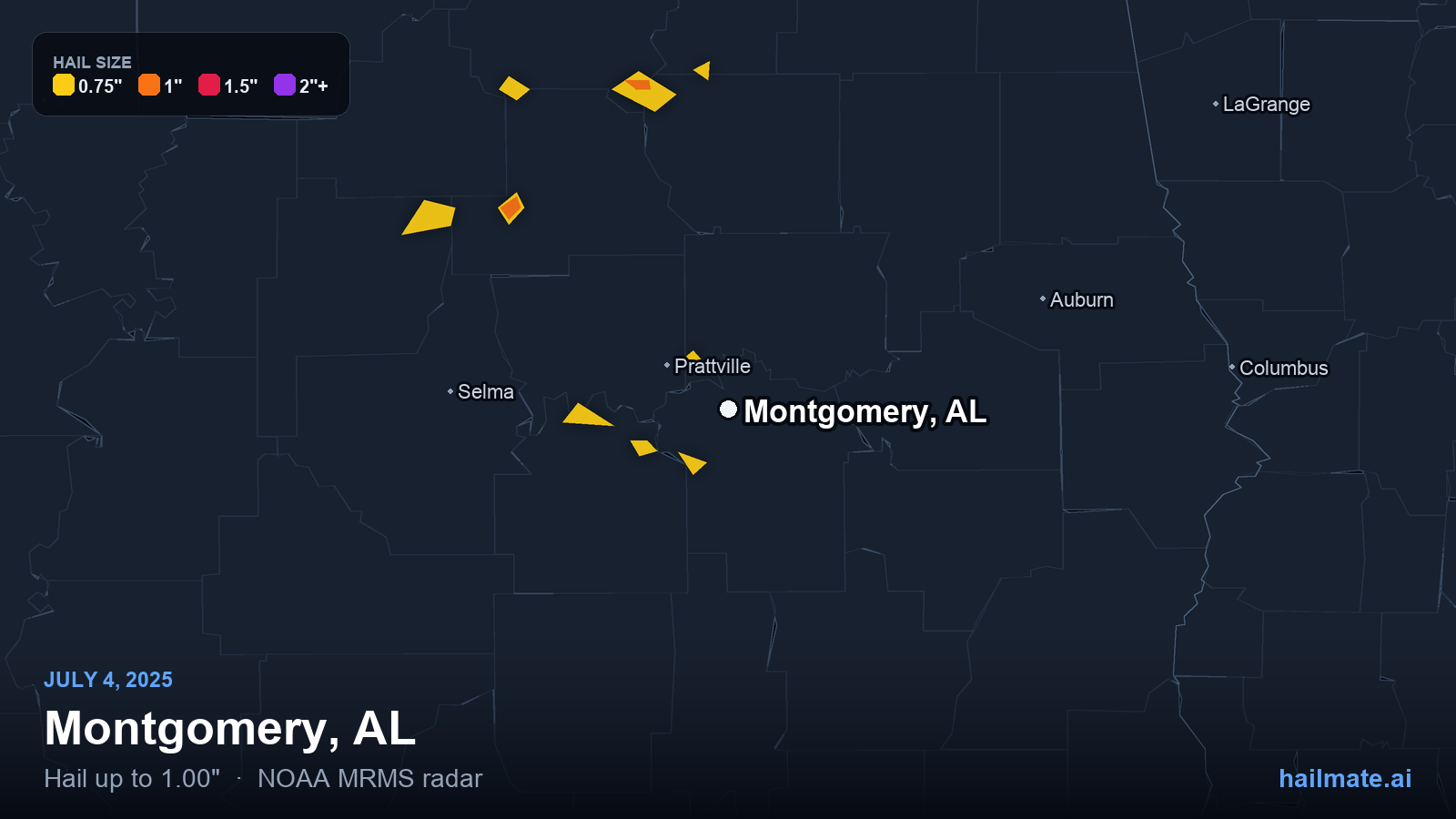 Hail swath map for Montgomery, AL on July 4, 2025 showing 1.00 inch hail.