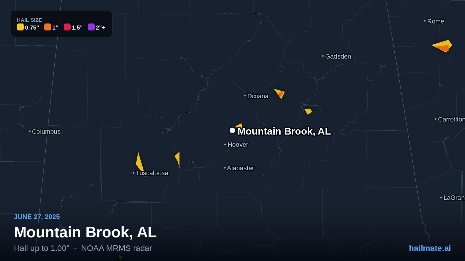 Hail swath map for Mountain Brook, AL on June 27, 2025 showing 1.00 inch hail.