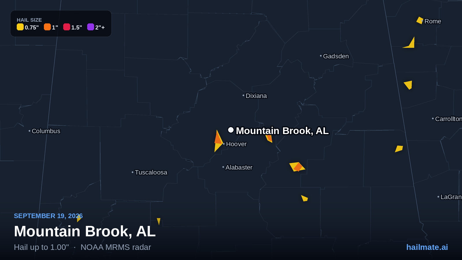 Hail swath map for Mountain Brook, AL on September 19, 2026 showing 1.00 inch hail.