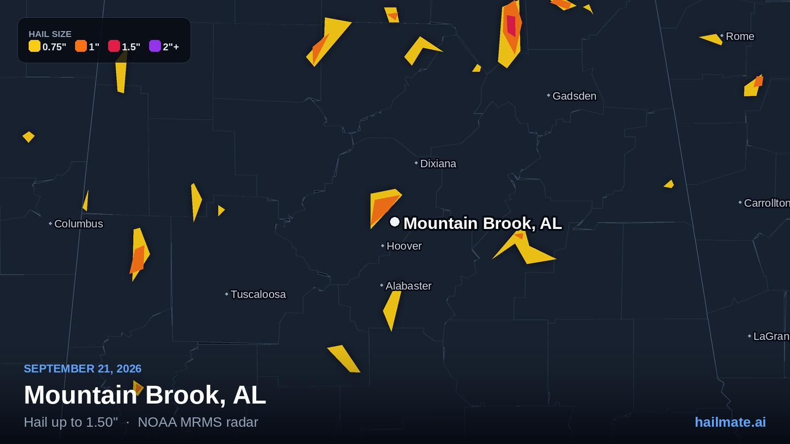 Hail swath map for Mountain Brook, AL on September 21, 2026 showing 1.50 inch hail.