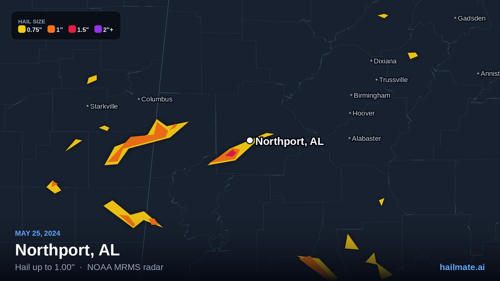 Hail swath map for Northport, AL on May 25, 2024 showing 1.00 inch hail.