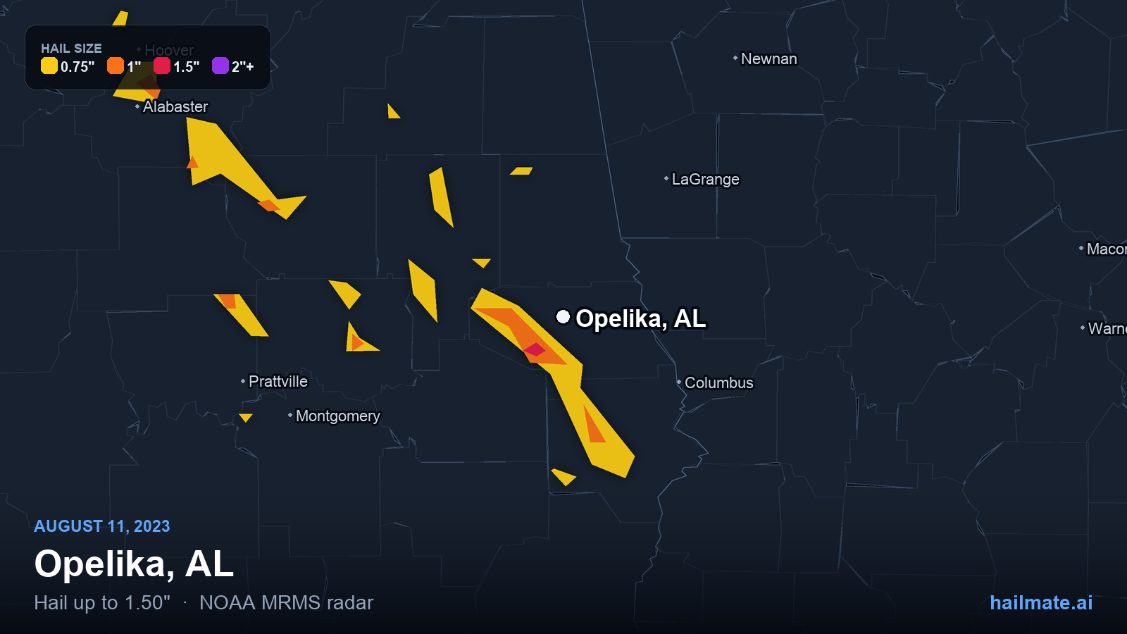 Hail swath map for Opelika, AL on August 11, 2023 showing 1.50 inch hail.