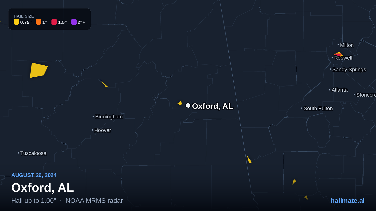 Hail swath map for Oxford, AL on August 29, 2024 showing 1.00 inch hail.
