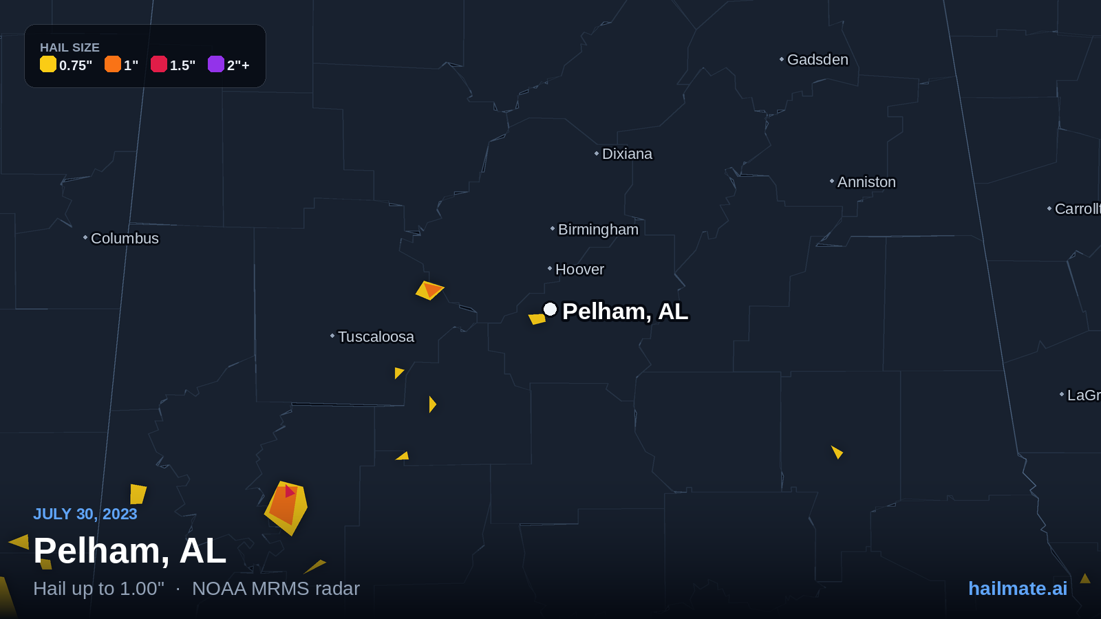 Hail swath map for Pelham, AL on July 30, 2023 showing 1.00 inch hail.