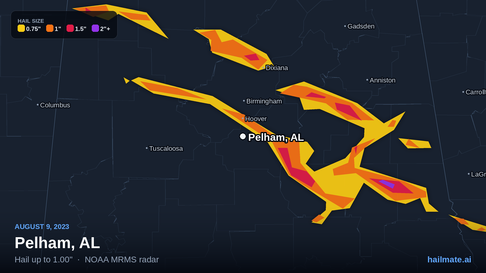 Hail swath map for Pelham, AL on August 9, 2023 showing 1.00 inch hail.