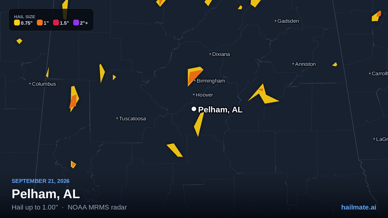 Hail swath map for Pelham, AL on September 21, 2026 showing 1.00 inch hail.