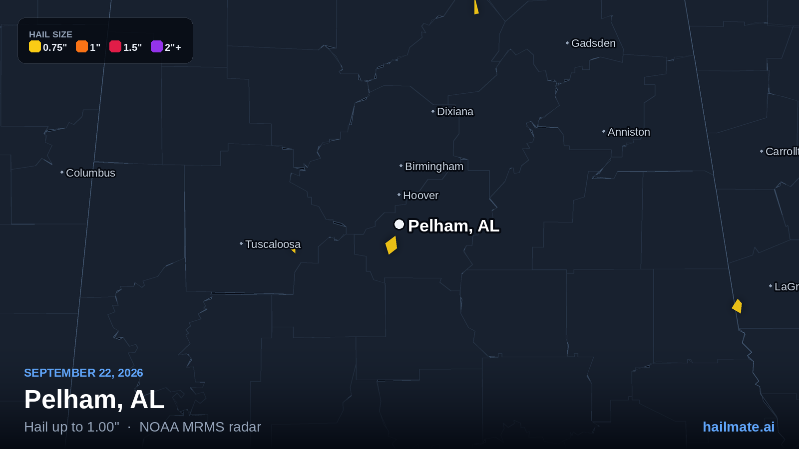 Hail swath map for Pelham, AL on September 22, 2026 showing 1.00 inch hail.
